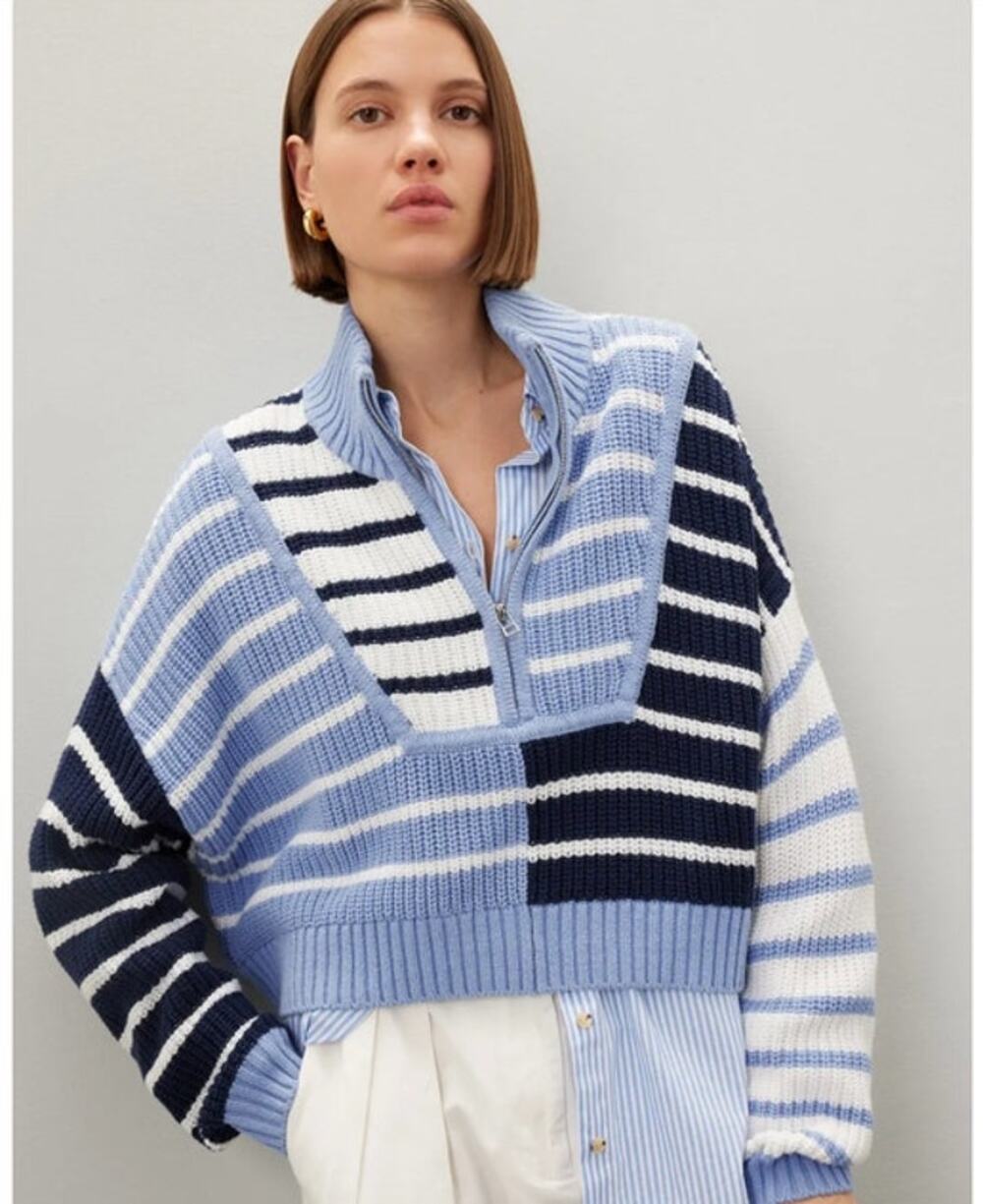 Staud Hampton Sweater Cropped Striped Blue Quarter Zip Blue S